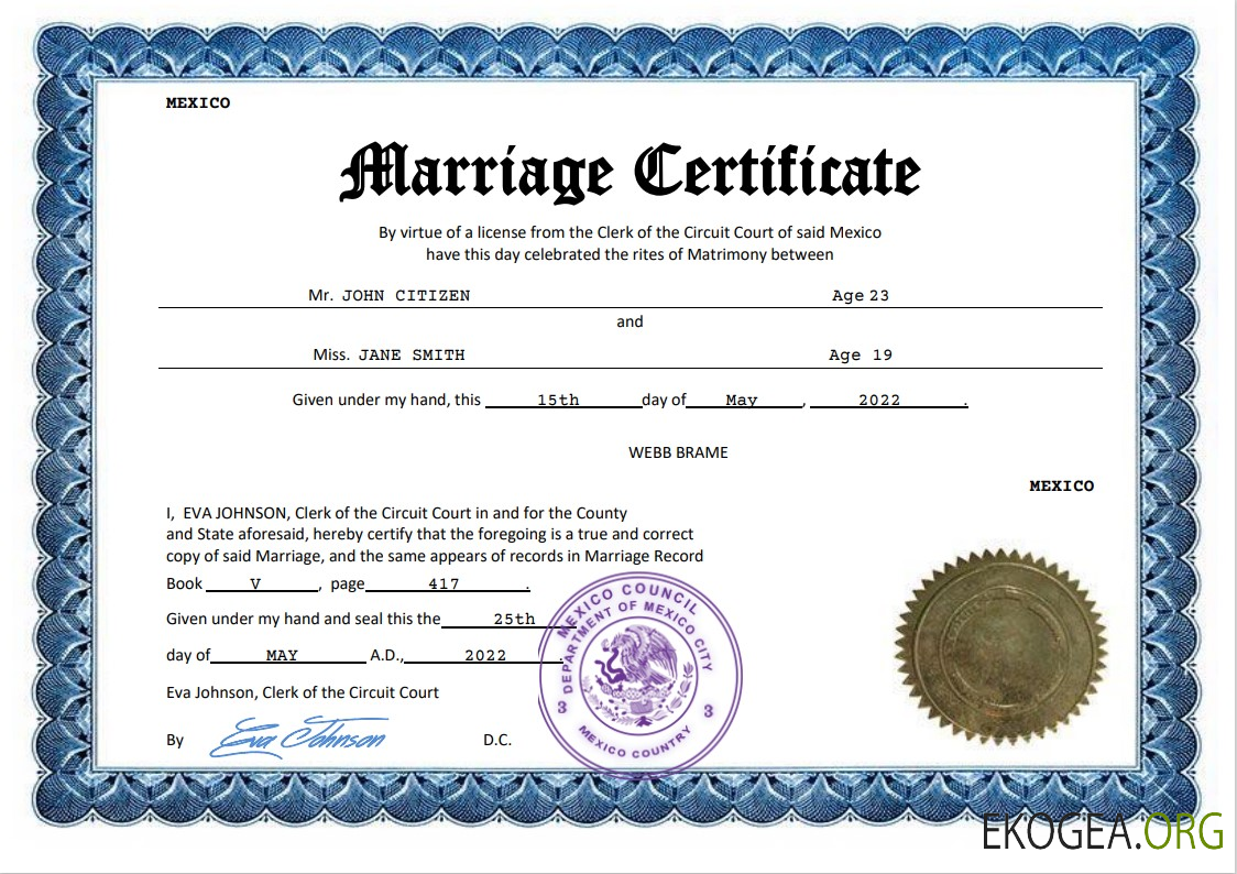 Modèle Word et PDF de certificat de mariage au Mexique